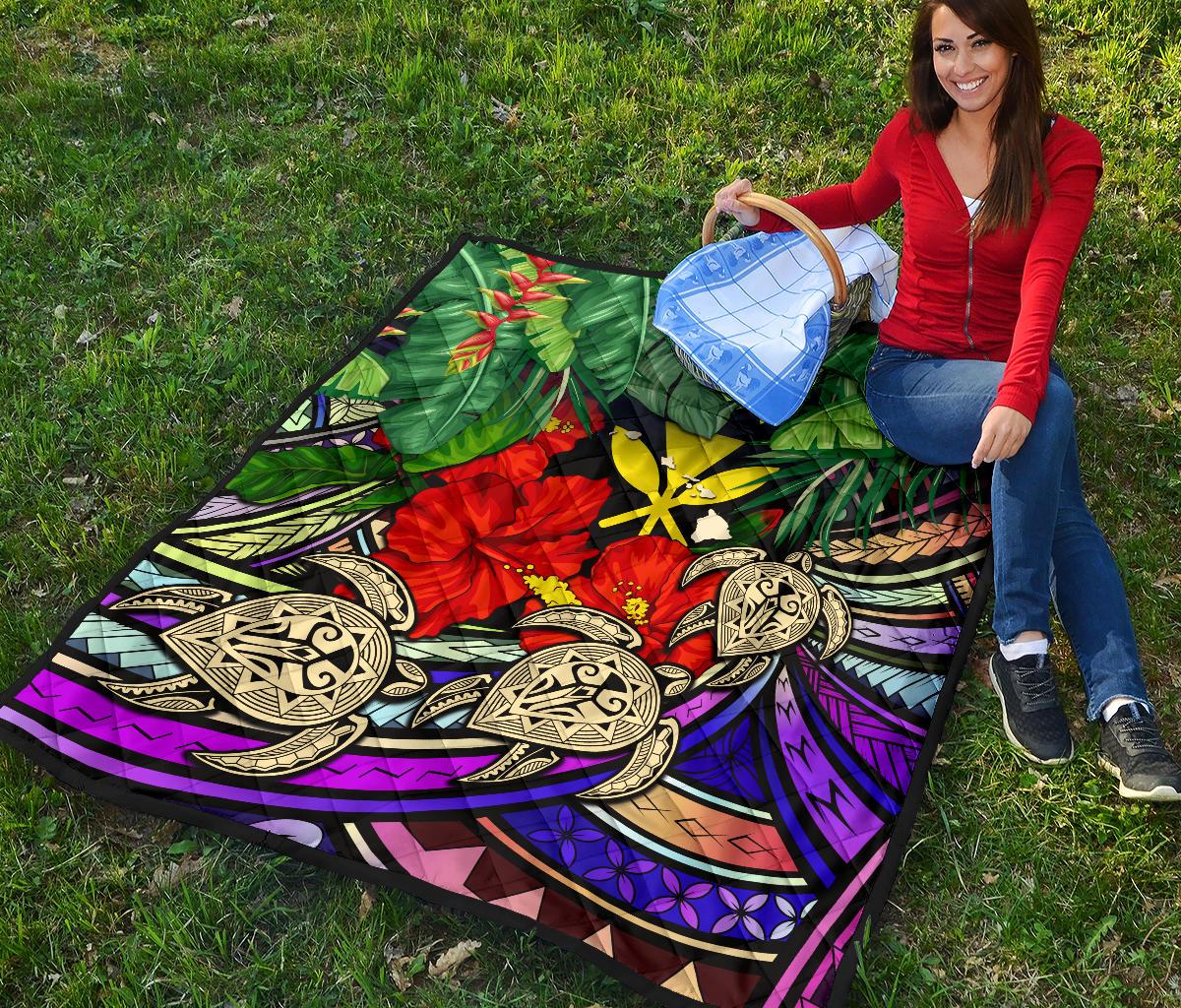 Kanaka Maoli (Hawaiian) Premium Quilt - Polynesian Turtle Colorful And Hibiscus - Polynesian Pride