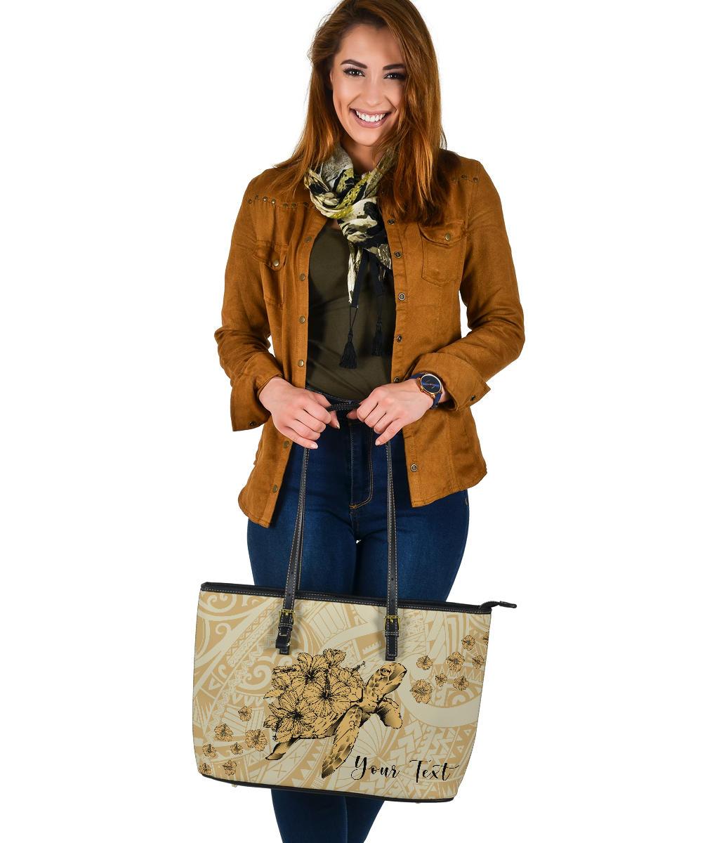 Personalized - Hawaii Turtle Hibiscus Polynesian Large Leather Tote Bag - Beige - Polynesian Pride
