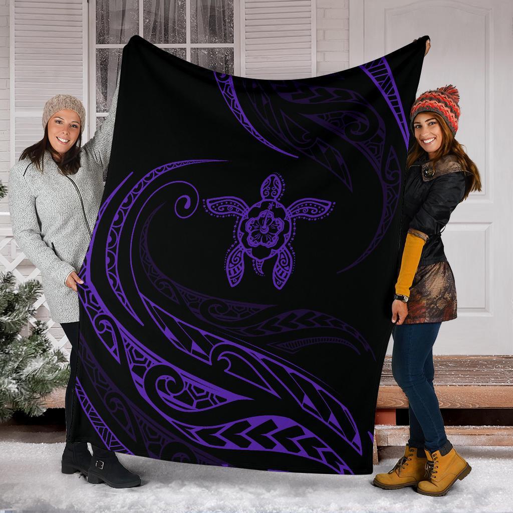 Hawaii Turtle Hibicus Premium Blanket - Frida Style - Purple - Polynesian Pride
