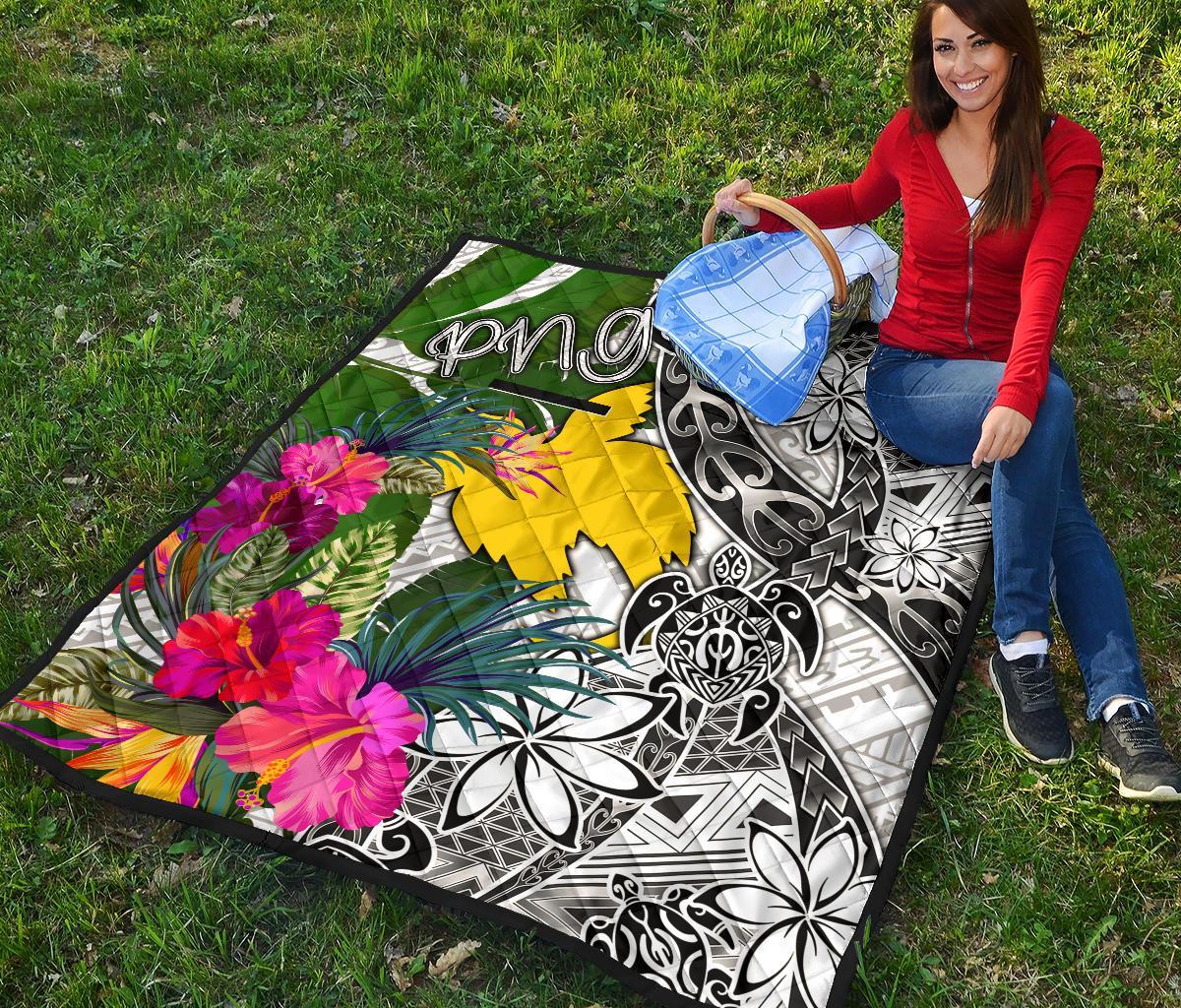 Papua New Guinea Premium Quilt White - Turtle Plumeria Banana Leaf - Polynesian Pride