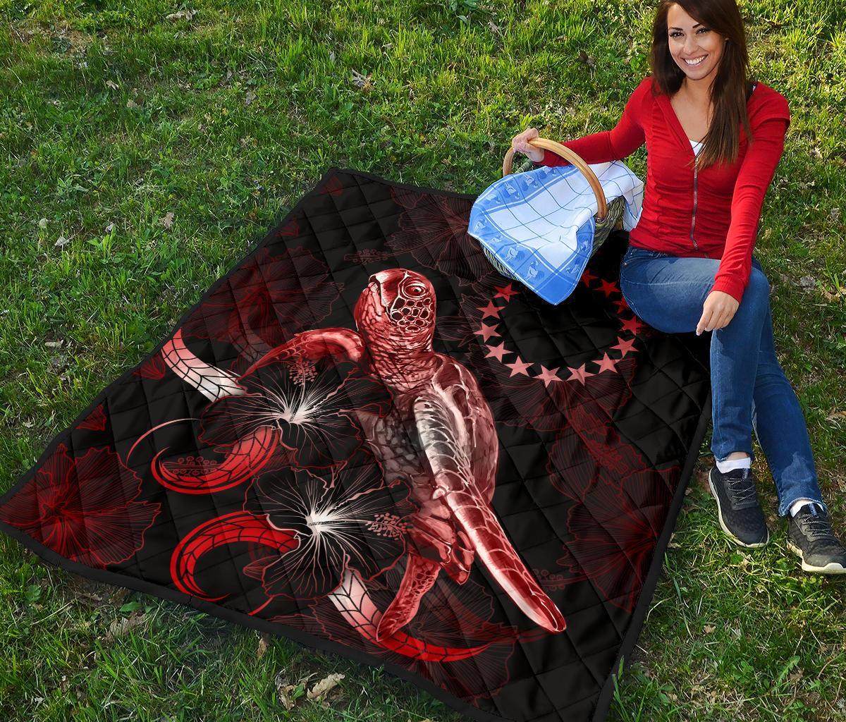 Cook Islands Polynesian Premium Quilt - Turtle With Blooming Hibiscus Red - Polynesian Pride