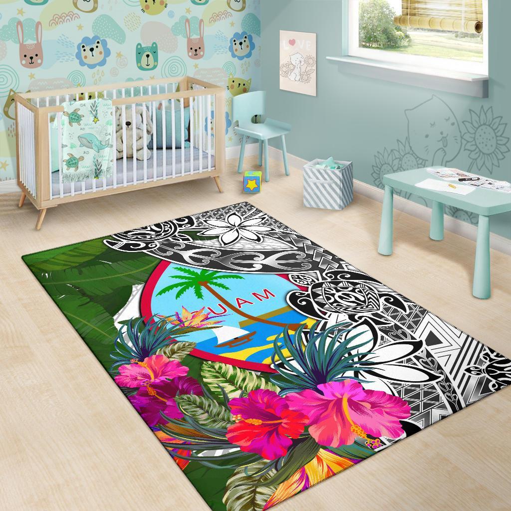 Guam Area Rug White - Turtle Plumeria Banana Leaf - Polynesian Pride