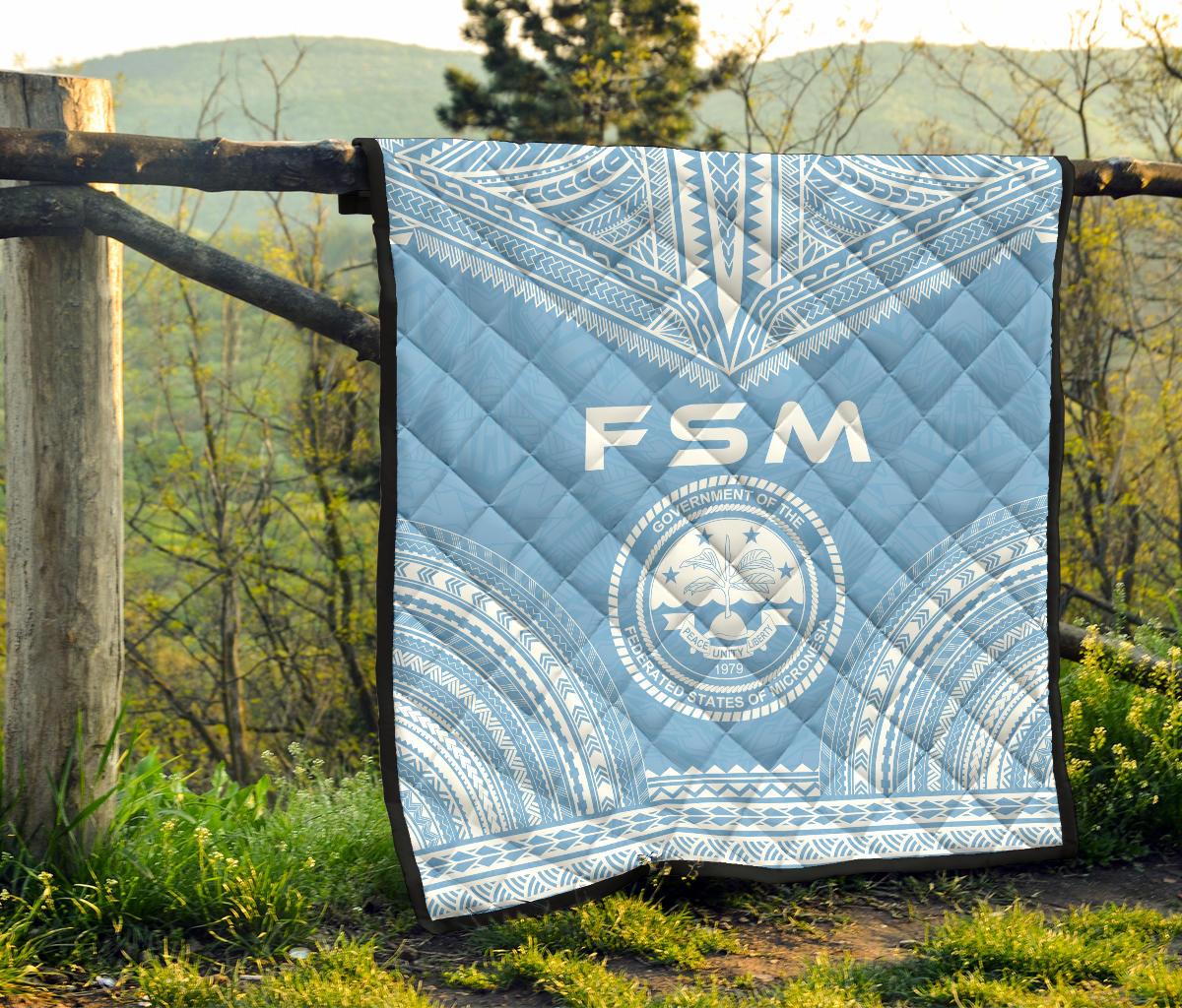 Federated States Of Micronesia Premium Quilt - FSM Seal Polynesian Chief Light Blue Version - Polynesian Pride