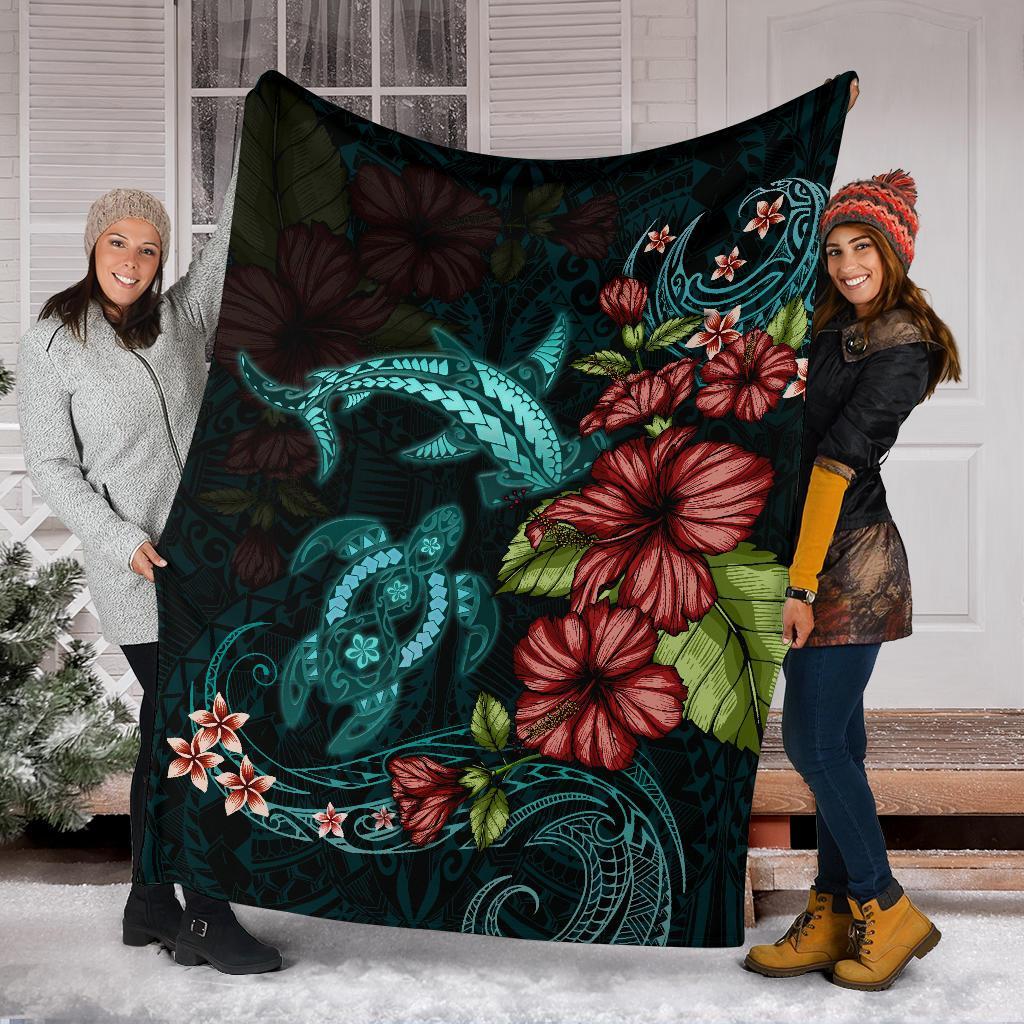Polynesian Premium Blanket Turtle And Shark - Hibiscus Turquoise - Polynesian Pride