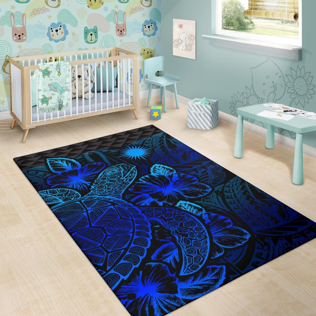 Marshall Islands Area Rugs Turtle Hibiscus Blue - Polynesian Pride