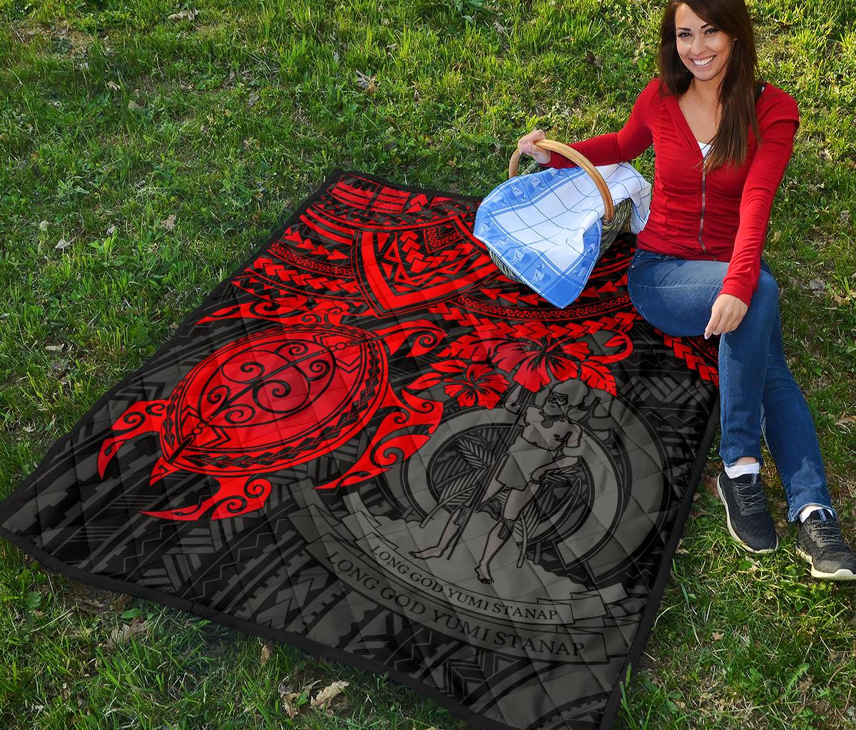Vanuatu Polynesian Premium Quilt - Vanuatu Coat Of Arms & Red Turtle Hibiscus - Polynesian Pride