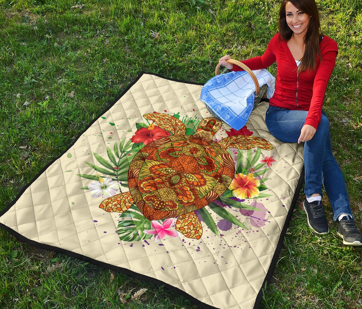 Hawaii Turtle Life Hibiscus Design Premium Quilt - Polynesian Pride