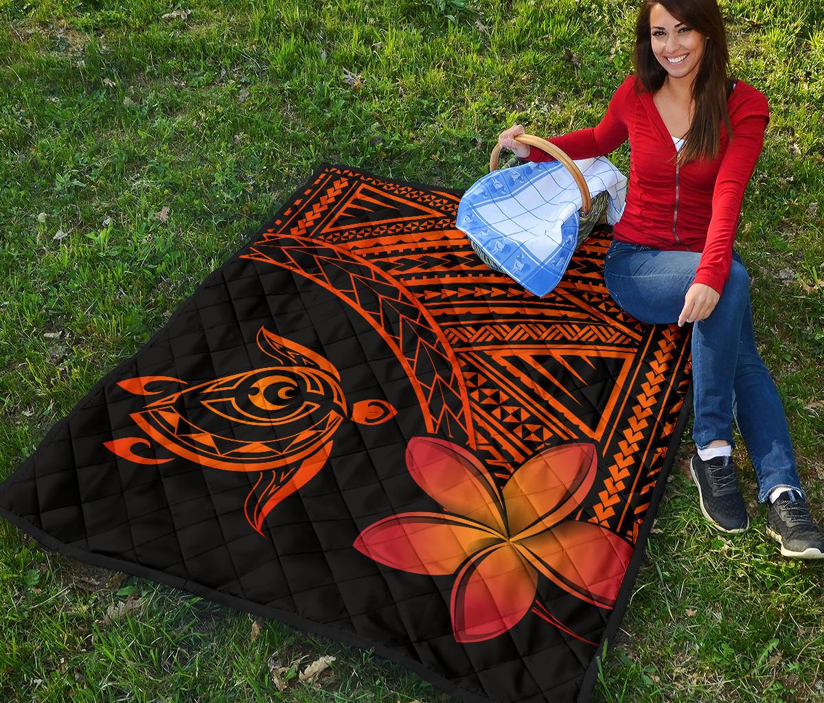 Hawaii Quilt - Hawaii Turtle Plumeria Quilt Orange - Polynesian Pride