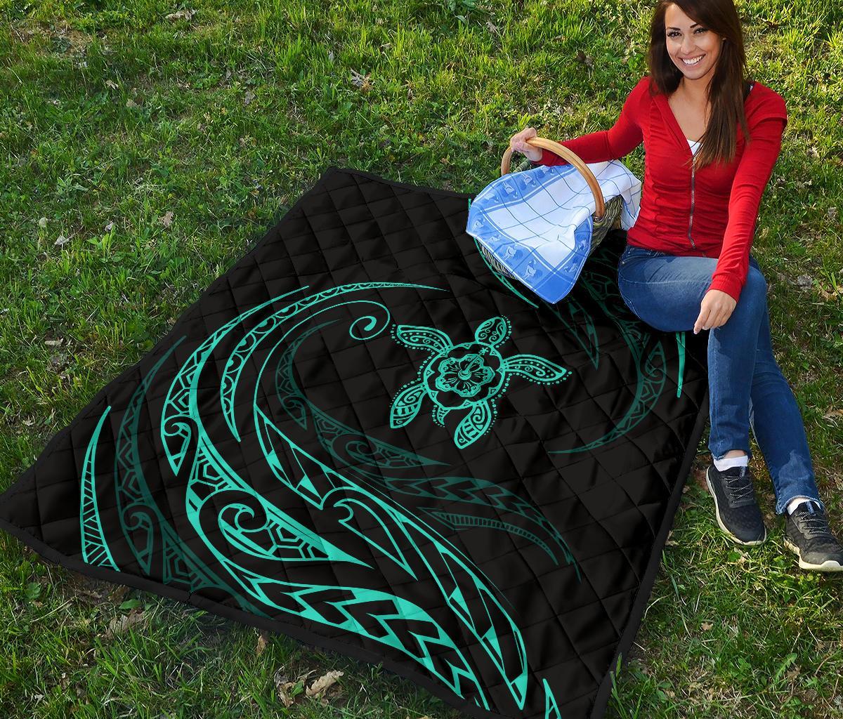 Hawaii Turtle Hibicus Premium Quilt - Frida Style - Turquoise - Polynesian Pride