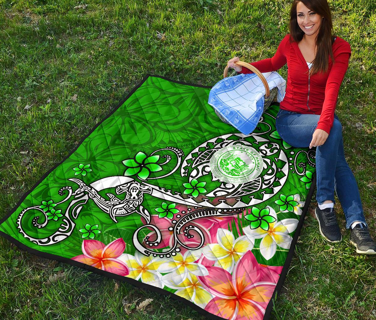 Hawaii Polynesian Premium Quilt - Hawaii Seal With Turtle Plumeria (Green) - Polynesian Pride