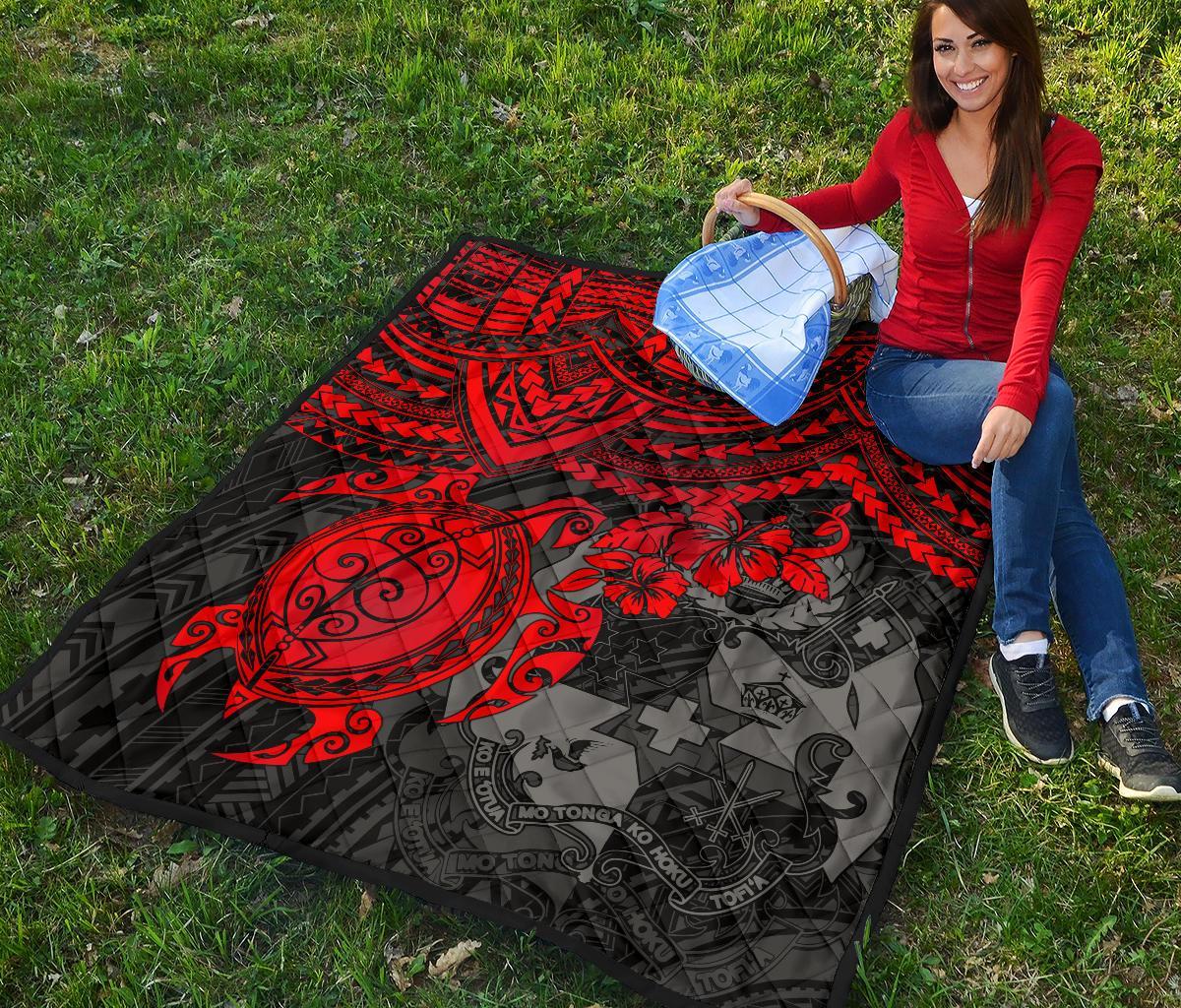 Tonga Polynesian Premium Quilts - Tonga Coat Of Arms & Red Turtle Hibiscus - Polynesian Pride
