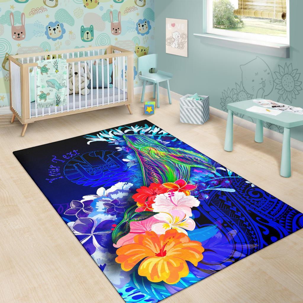 Tahiti Custom Personalised Area Rug - Humpback Whale with Tropical Flowers (Blue) - Polynesian Pride
