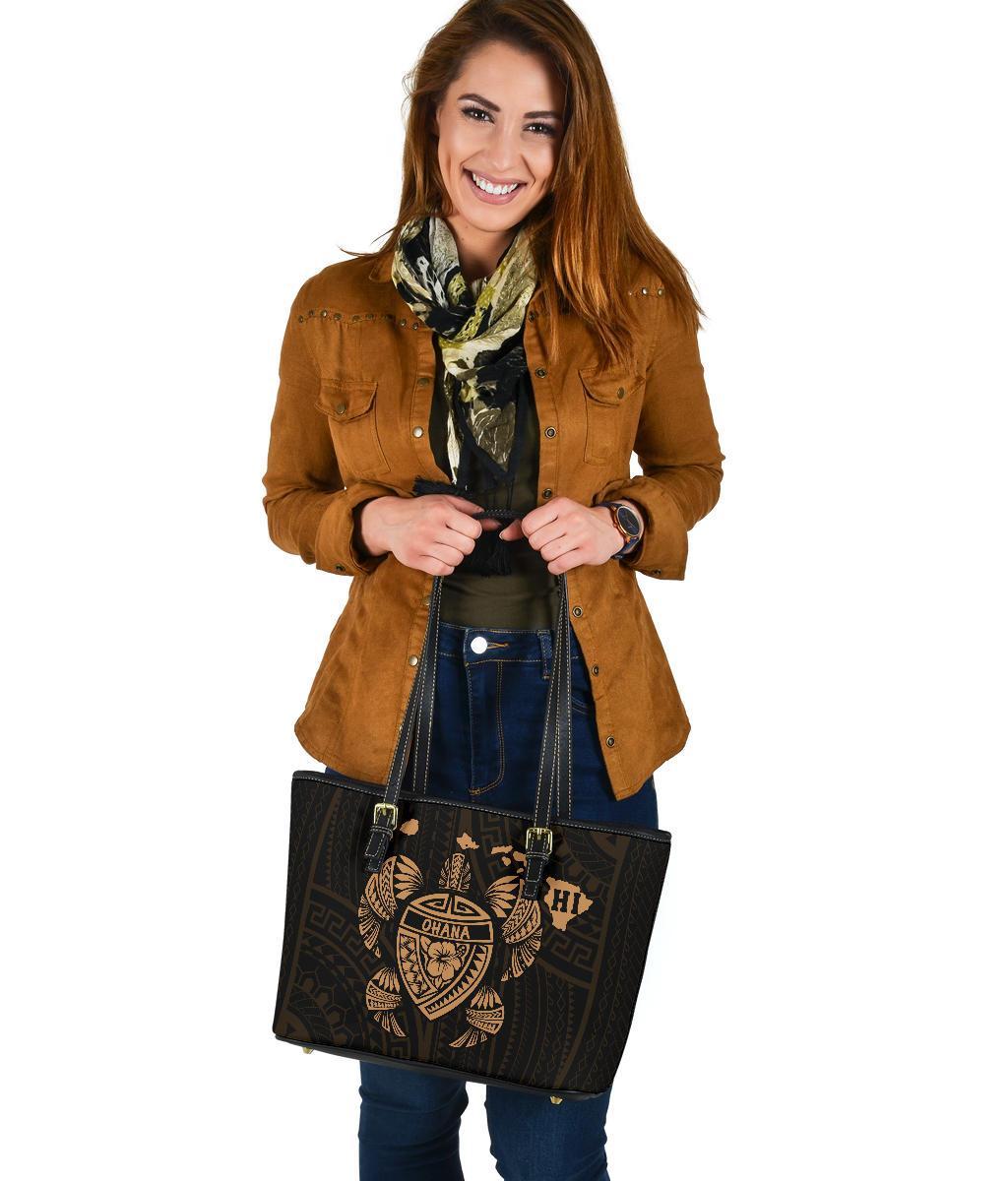 Hawaii Kakau Polynesian Ohana Turtle Map Small Leather Tote - Gold - Polynesian Pride