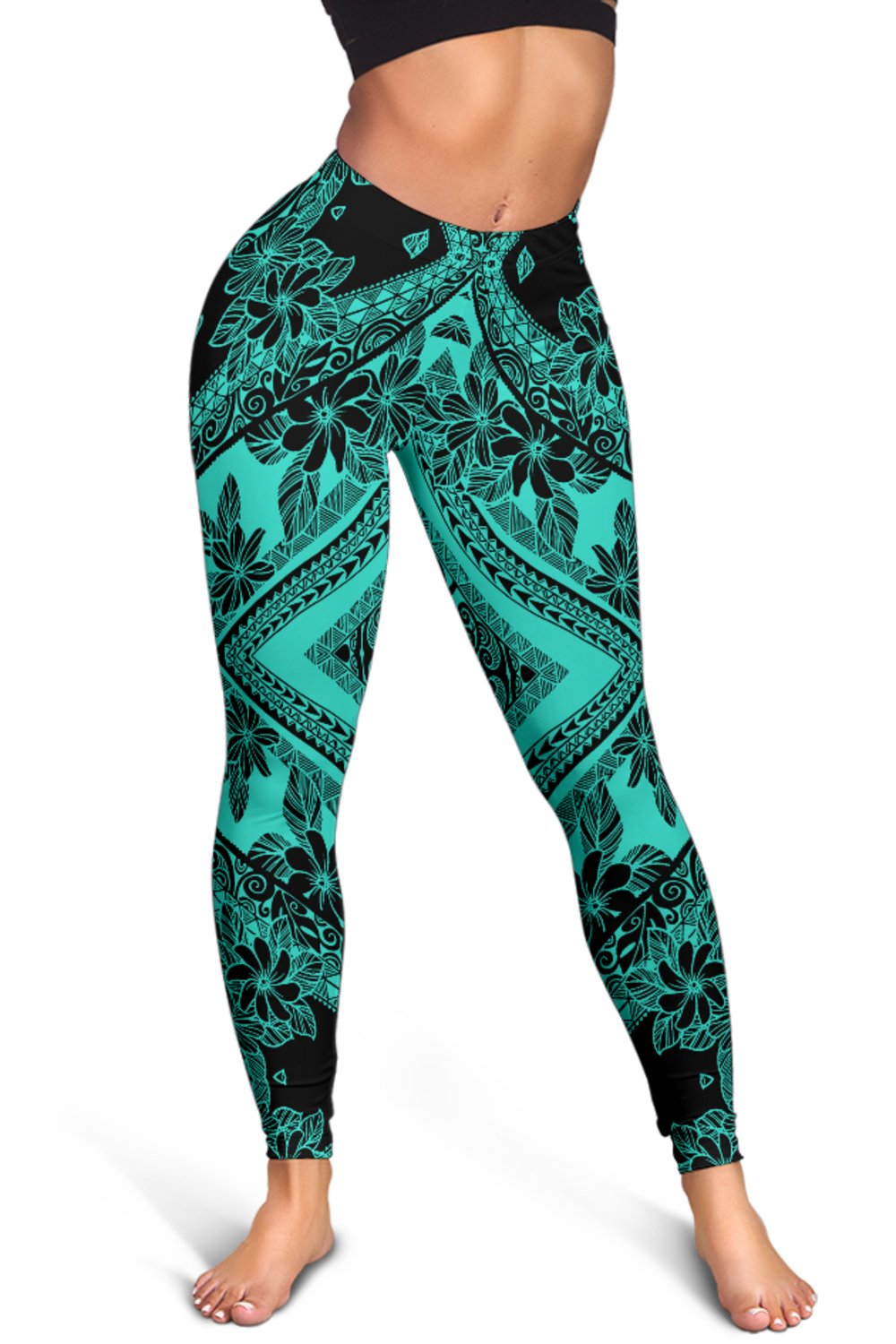 Polynesian Plumeria Mix Turquoise Black Hawaii Women's Leggings AH - Polynesian Pride