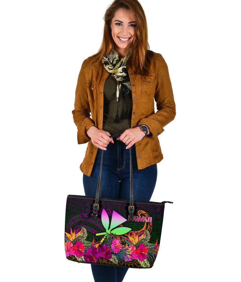 Polynesian Hawaii Kanaka Maoli Large Leather Tote - Summer Hibiscus - Polynesian Pride