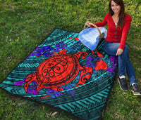 Hawaii Polynesian Premium Quilt - Hawaii Red Turtle Map & Purple Hibiscus - Polynesian Pride