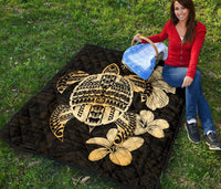Hawaiian Kanaka Hibiscus Plumeria Mix Polynesian Turtle Premium Quilt Gold AH - Polynesian Pride