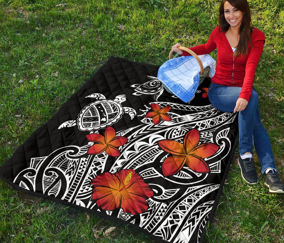 Hawaiian Map Turtle Swim Plumeria Polynesian Quilt - Polynesian Pride