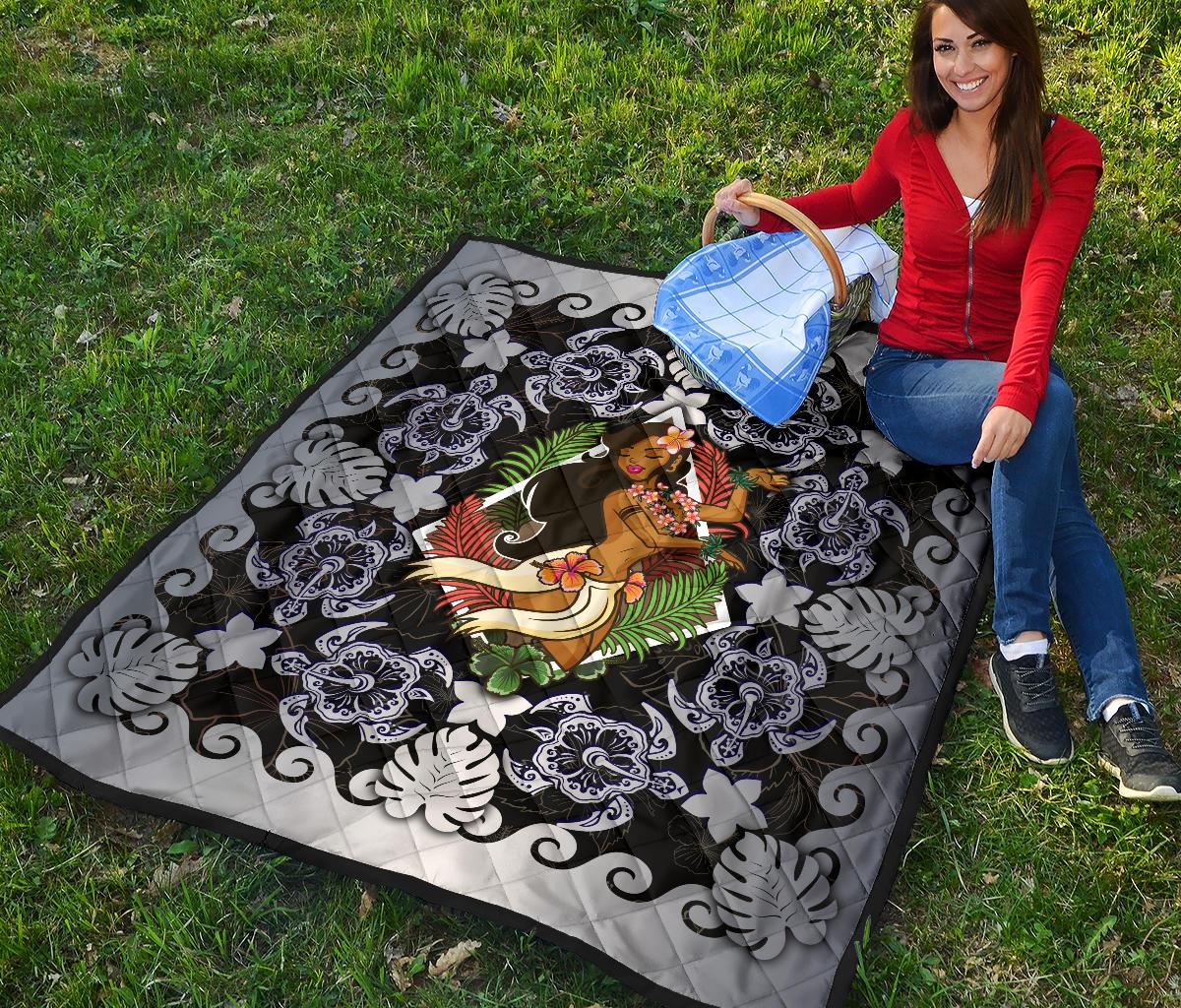 Hawaii Polynesian Premium Quilt - Hawaiian Dancing Girl Silver - Polynesian Pride