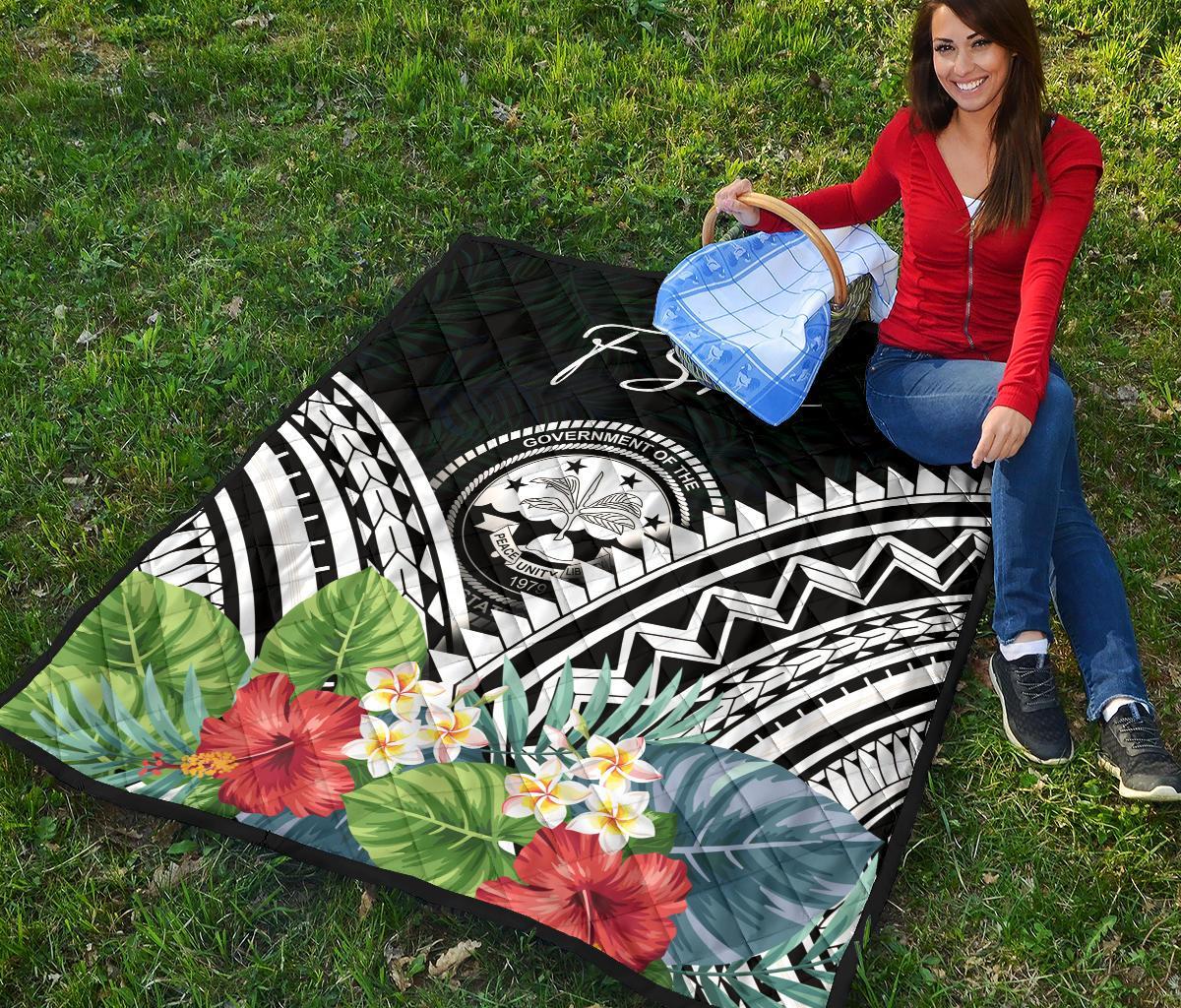 FSM Premium Quilt - FSM Coat of Arms & Polynesian Tropical Flowers White - Polynesian Pride