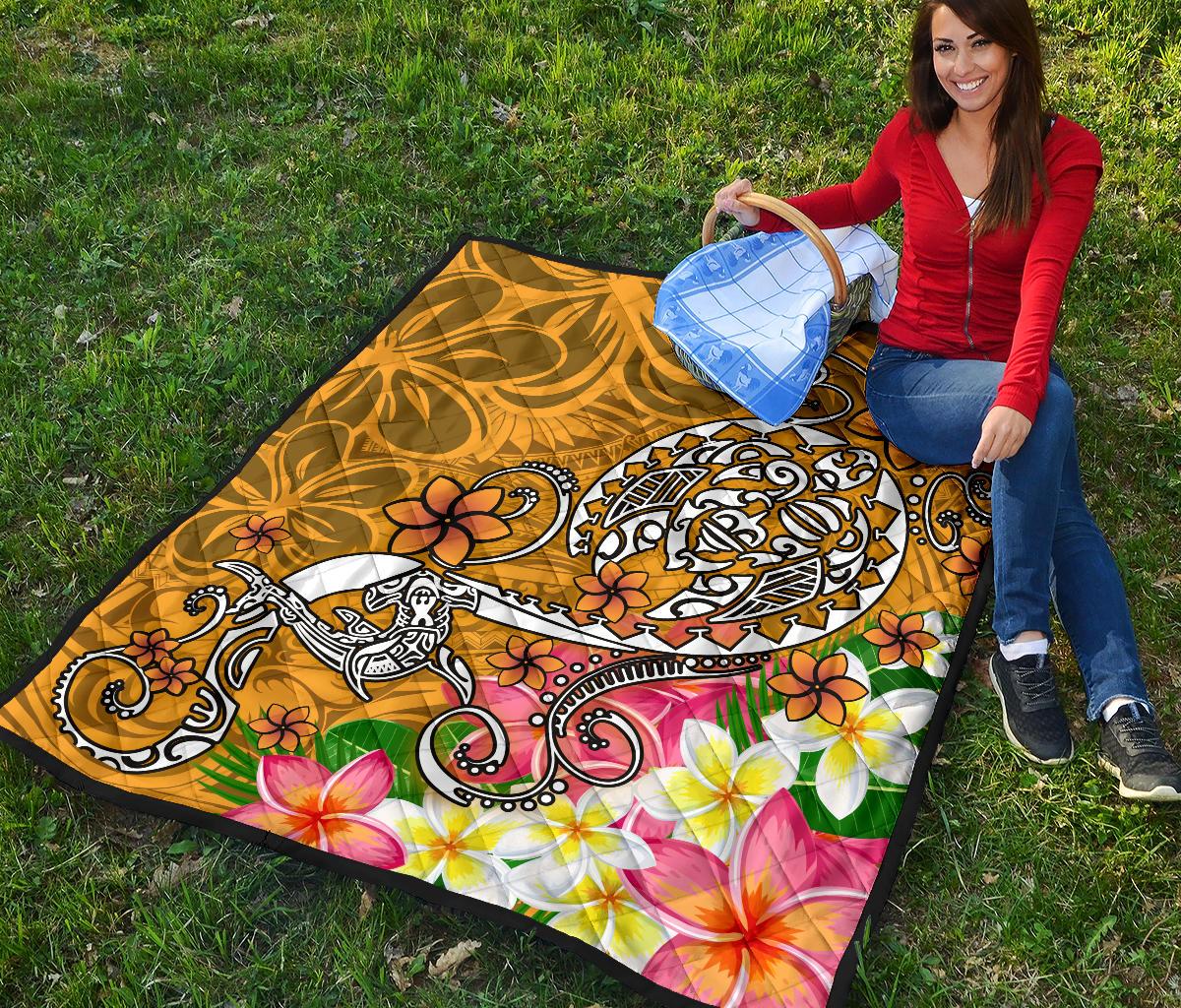 Polynesian Premium Quilt - Turtle Plumeria Gold Color - Polynesian Pride
