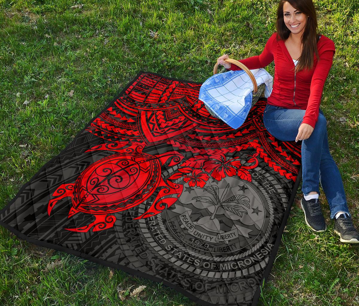 Federated States Of Micronesia Premium Quilt - Federated States Of Micronesia Seal & Red Turtle Hibiscus - Polynesian Pride