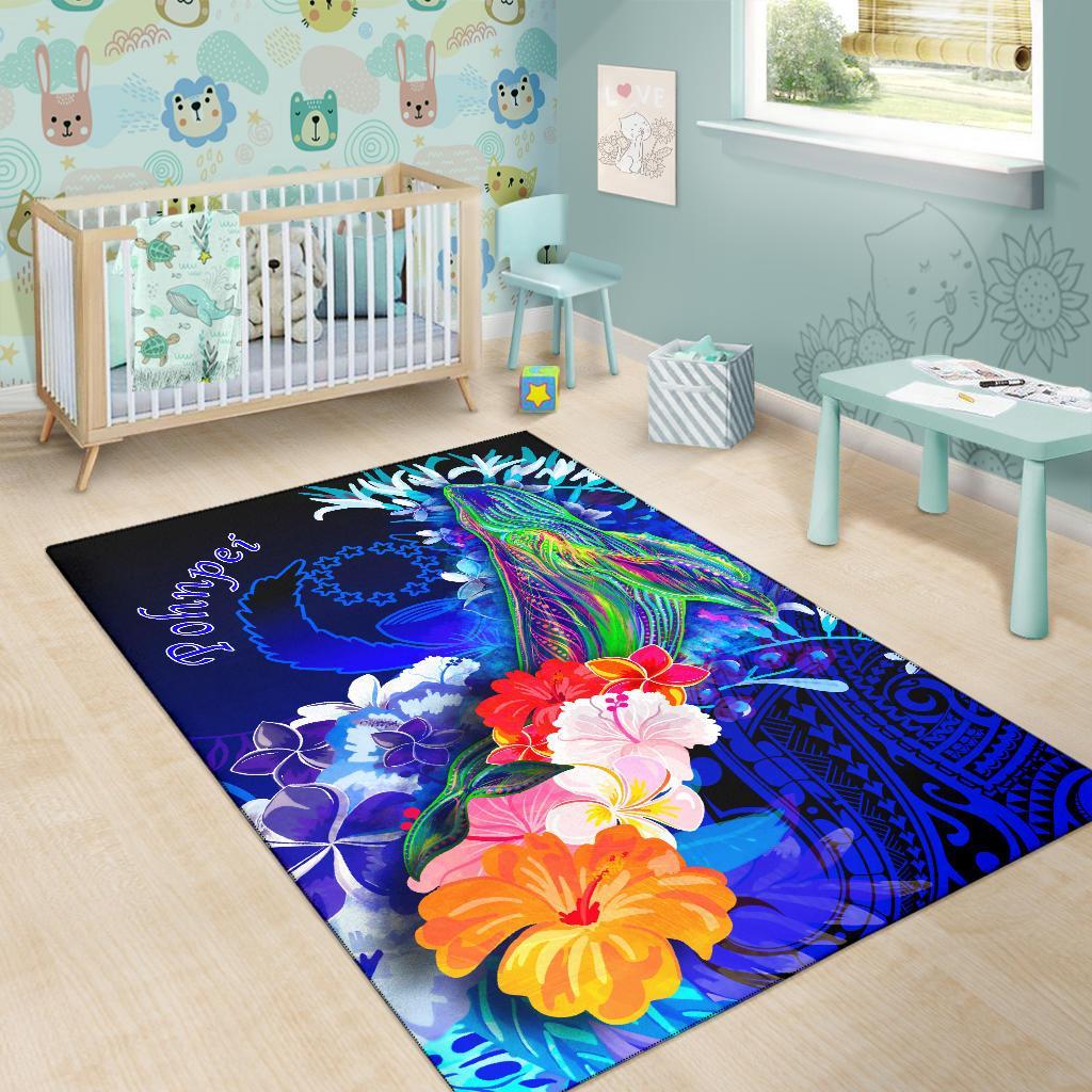Pohnpei Area Rug - Humpback Whale with Tropical Flowers (Blue) - Polynesian Pride