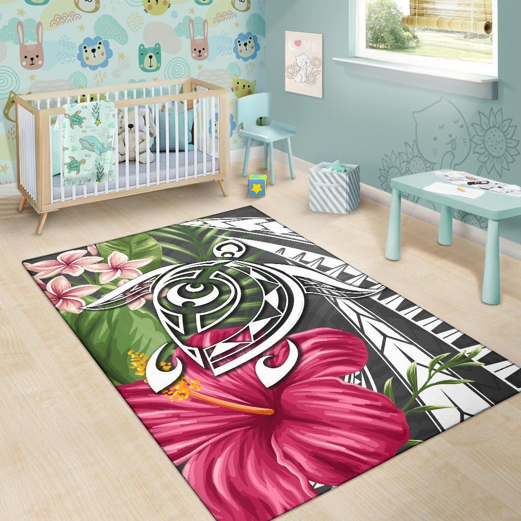 Hawaii Polynesian Turtle Tropical Hibiscus Plumeria Rug - Gray - Polynesian Pride