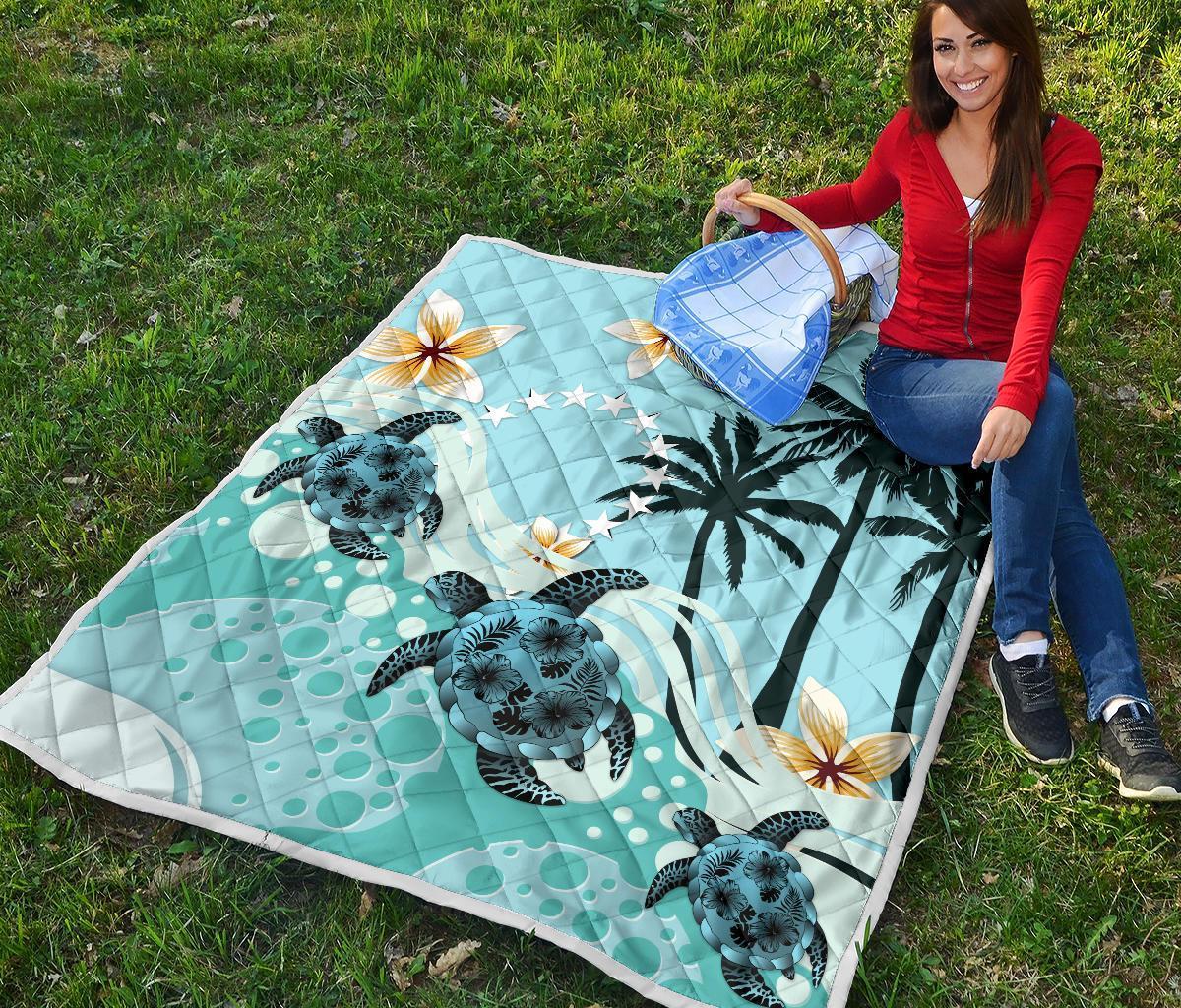 Cook Islands Premium Quilt - Blue Turtle Hibiscus - Polynesian Pride