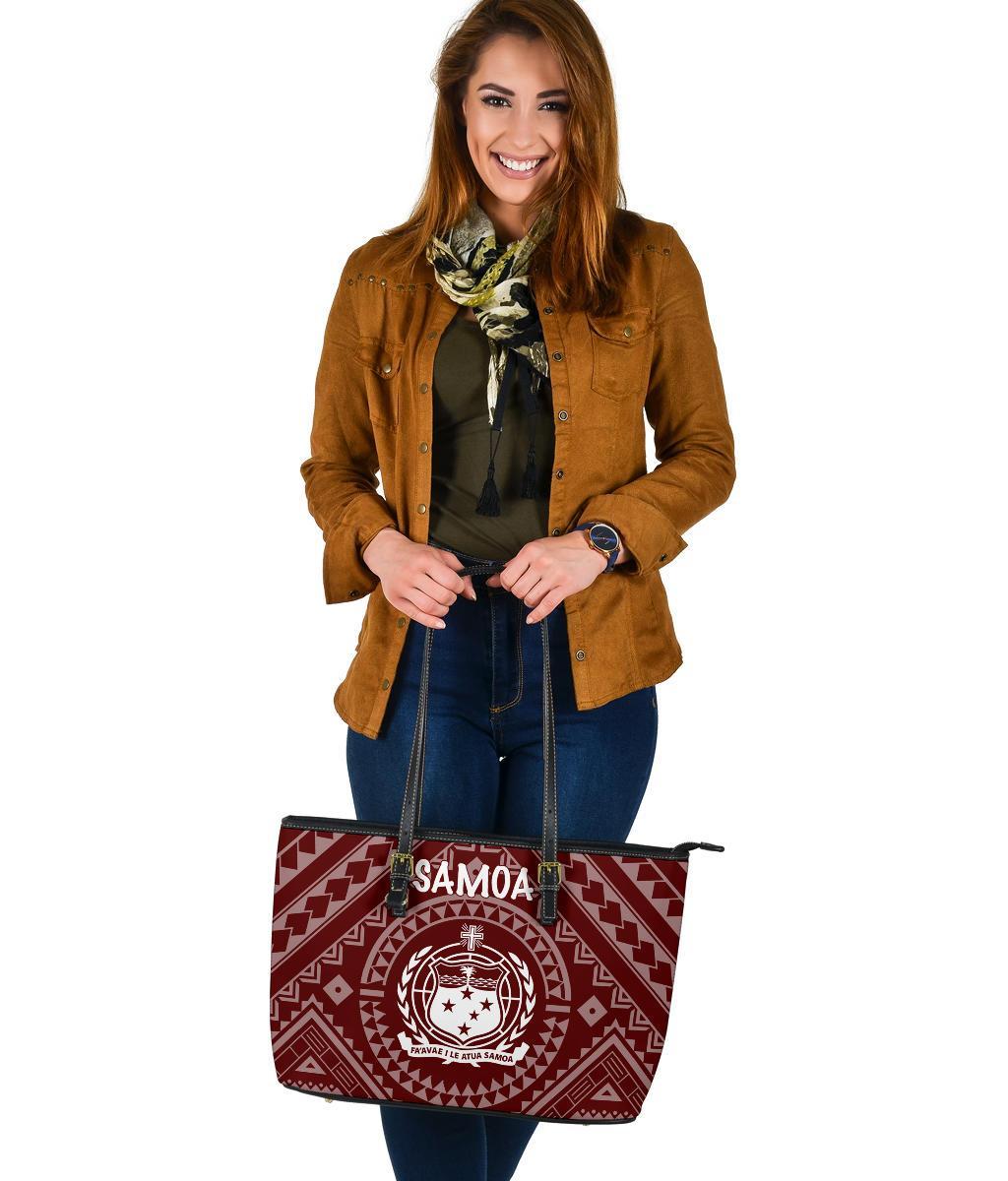 Samoa Leather Tote Bag - Samoa Seal In Polynesian Tattoo Style (Red) - Polynesian Pride