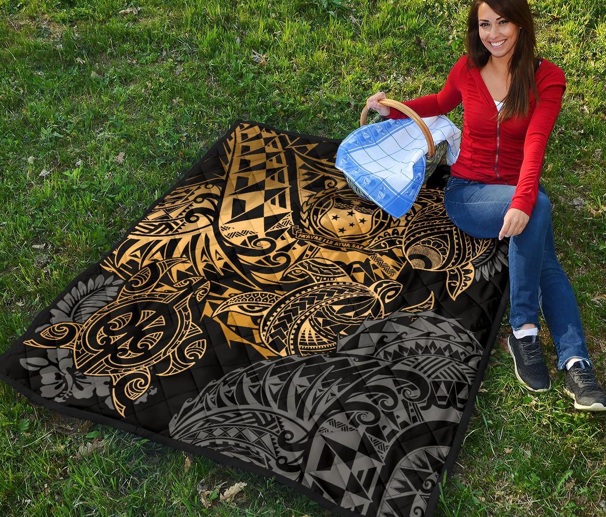 Samoa Polynesian Premium Quilt - Gold Turtle Flowing - Polynesian Pride