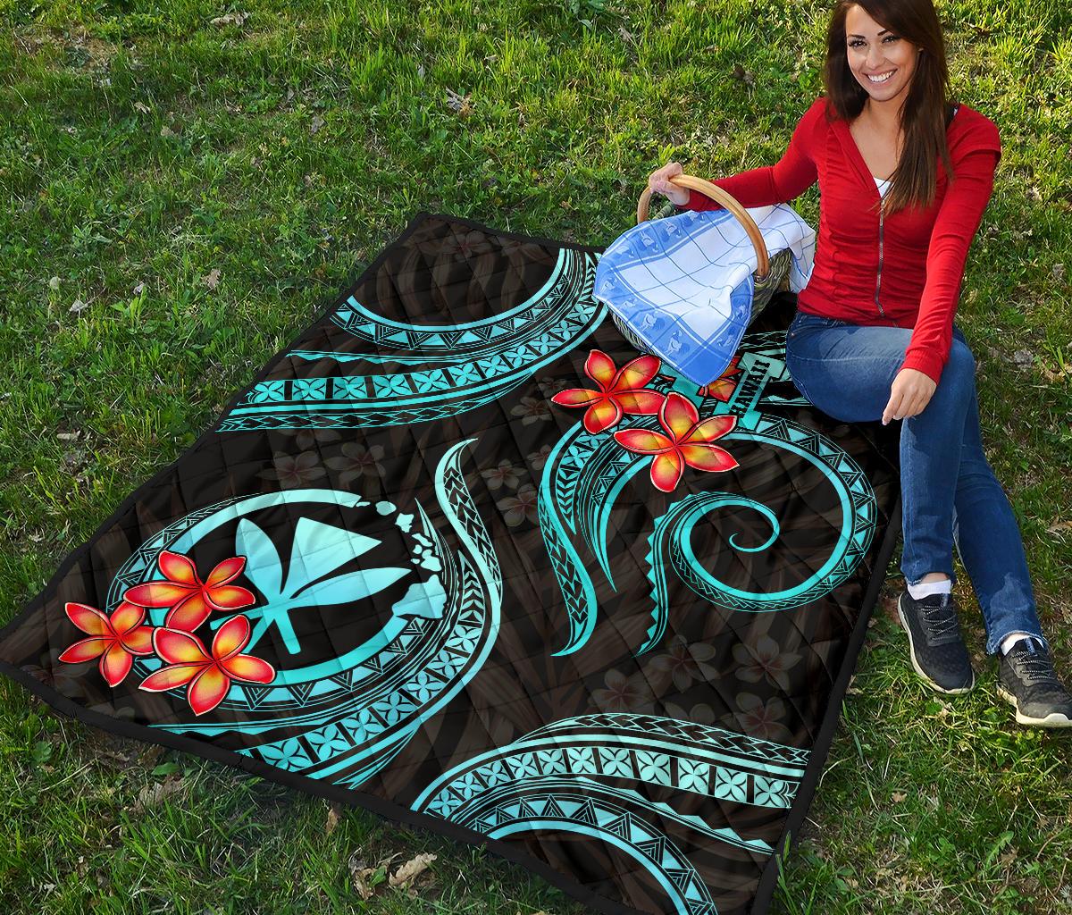 Polynesian Hawaii Premium Quilt - Turquoise Plumeria - Polynesian Pride