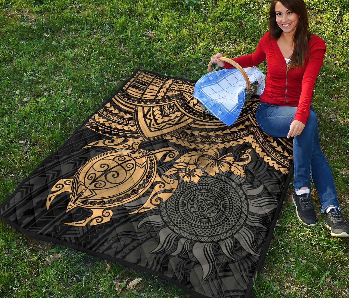 Polynesian Premium Quilt - Polynesian Golden Turtle Hibiscus - Polynesian Pride