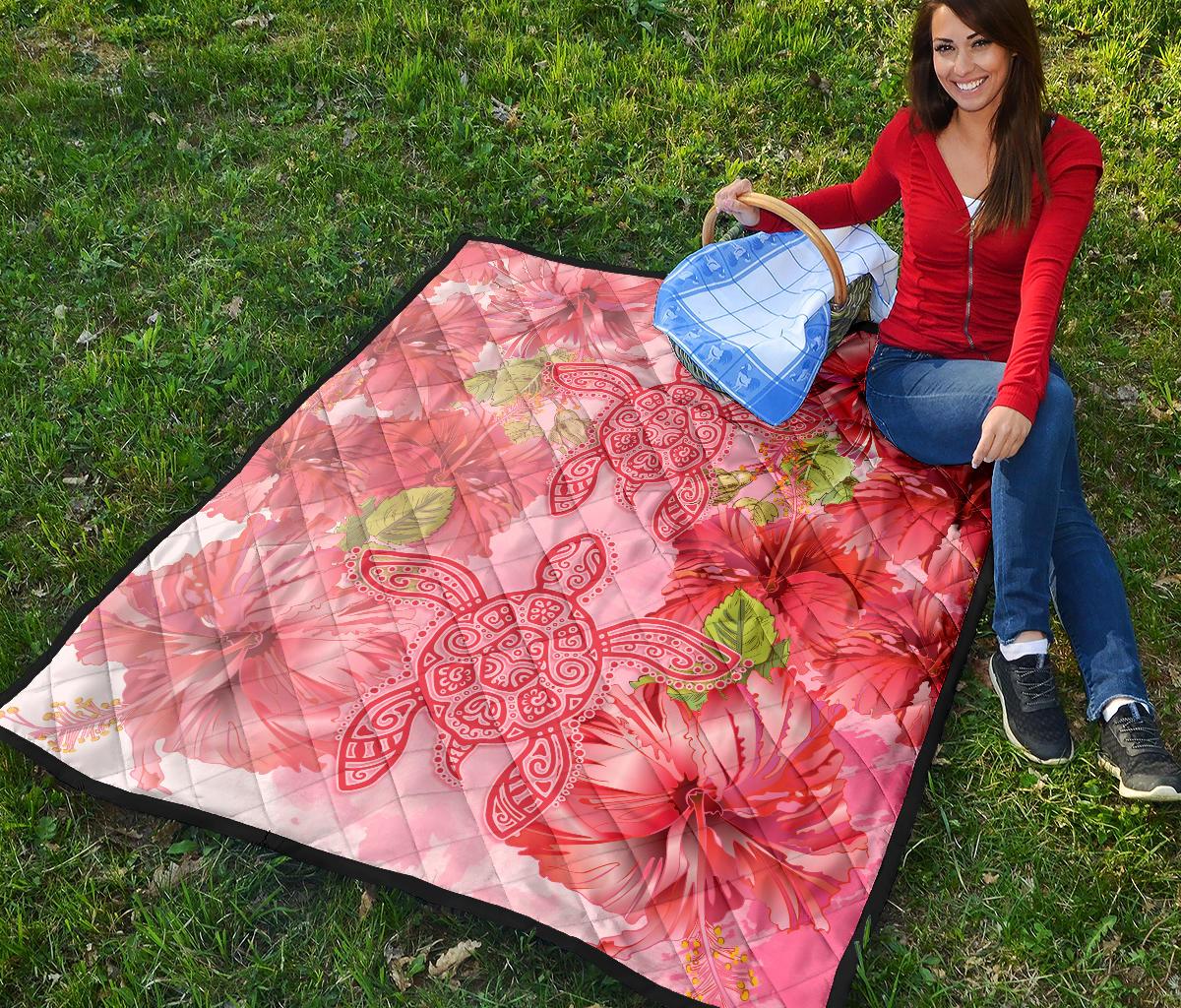 Hawaii Turtle Hibiscus Premium Quilt - Pink Style - Polynesian Pride