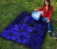 Hawaiian Map Turtle Hibiscus Vintage Polynesian Premium Quilt Blue - Polynesian Pride