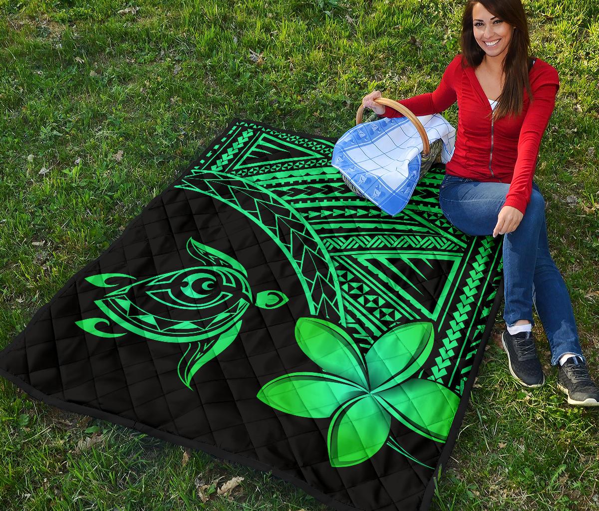 Hawaii Quilt - Hawaii Turtle Plumeria Quilt Green - Polynesian Pride