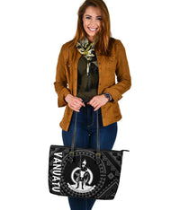Vanuatu Large Leather Tote Bag - Vanuatu Seal With Polynesian Tattoo Style - Polynesian Pride