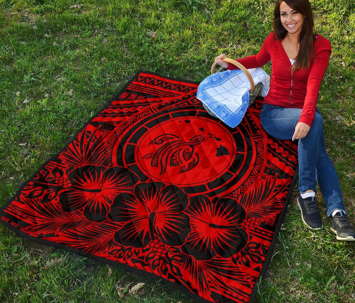 Hawaii Premium Quilt - Hawaii Map Honu Hibiscus Red Polynesian Premium Quilt - Polynesian Pride