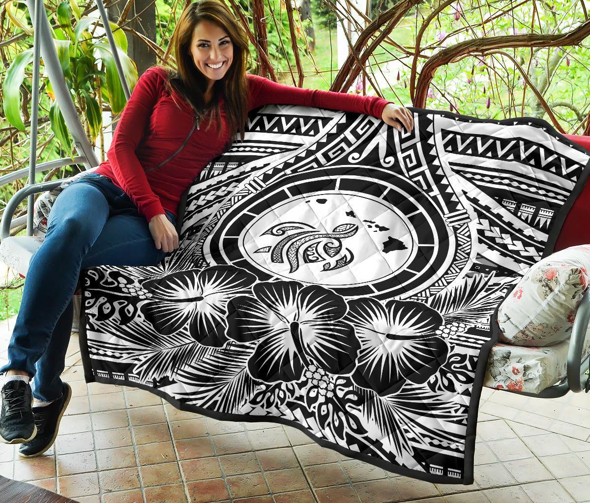 Hawaii Premium Quilt - Hawaii Map Honu Hibiscus White Polynesian Premium Quilt - Polynesian Pride
