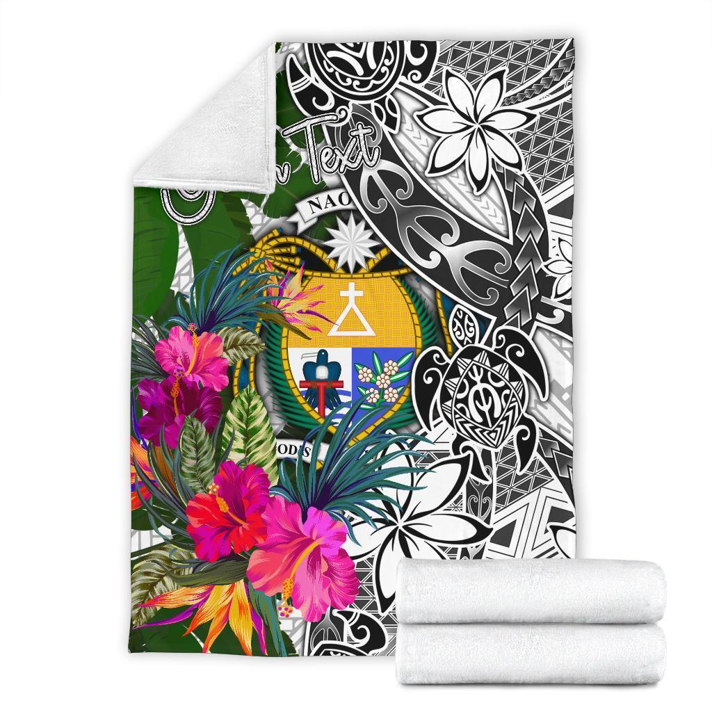 Nauru Custom Personalised Premium Blanket White - Turtle Plumeria Banana Leaf Crest - Polynesian Pride