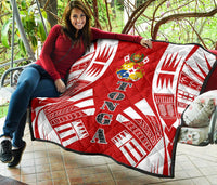 Tonga Premium Quilt - Tonga Coat Of Arms Polynesian White Tattoo (Red) - Polynesian Pride