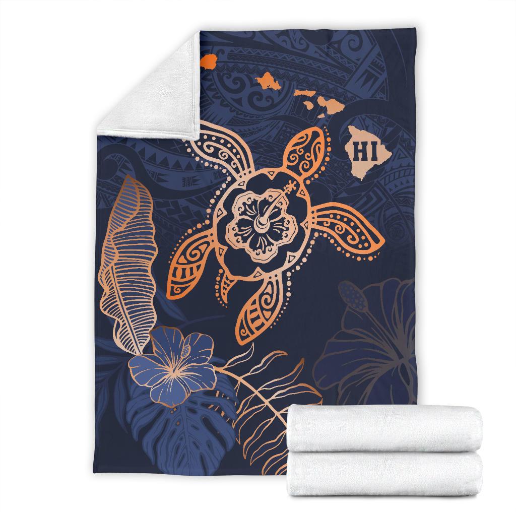 Hawaii Kakau Polynesian Turtle Map Premium Blanket - Indigo - Polynesian Pride
