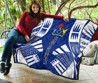 Cook Islands Premium Quilt - Cook Islands Polynesian White Tattoo (Blue) - Polynesian Pride