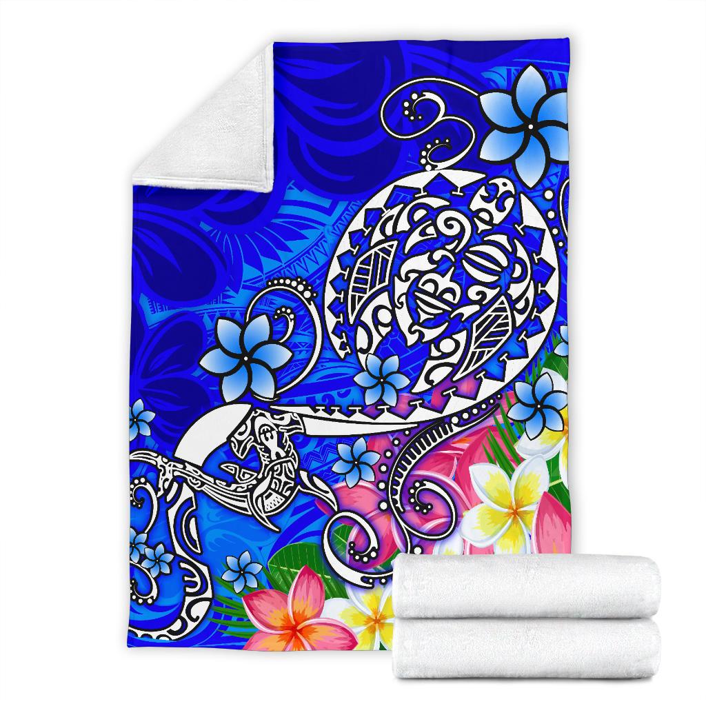 Polynesian Premium Blanket - Turtle Plumeria Blue Color - Polynesian Pride