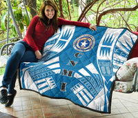Northern Mariana Islands Premium Quilt - Northern Mariana Islands Seal Polynesian White Tattoo (Blue) - Polynesian Pride