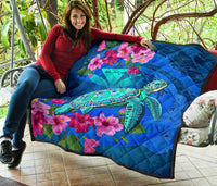 Hawaii Honu Aumakua Sea Hibiscus Premium Quilt - Nin Style - Polynesian Pride