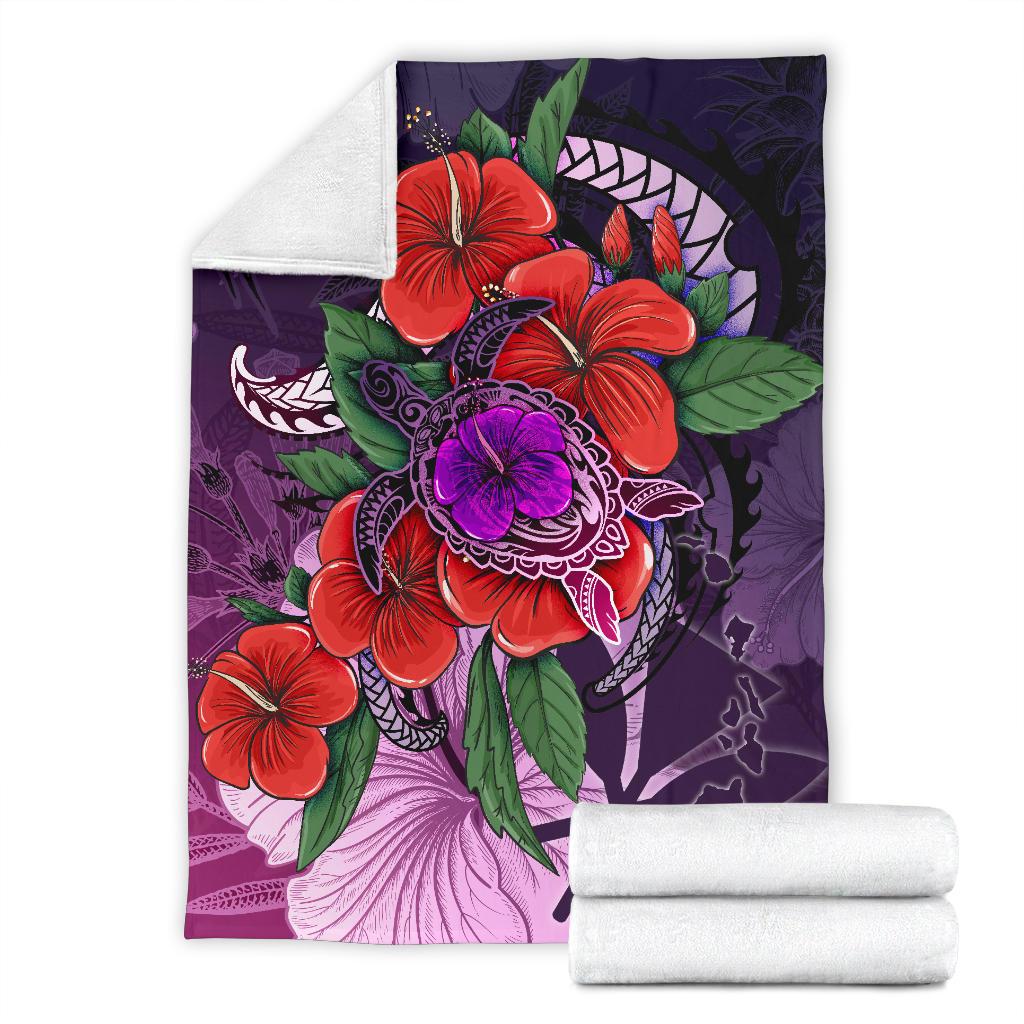 Polynesian Hawaii Premium Blanket - Purple Hibiscus Turtle Flowing - Polynesian Pride