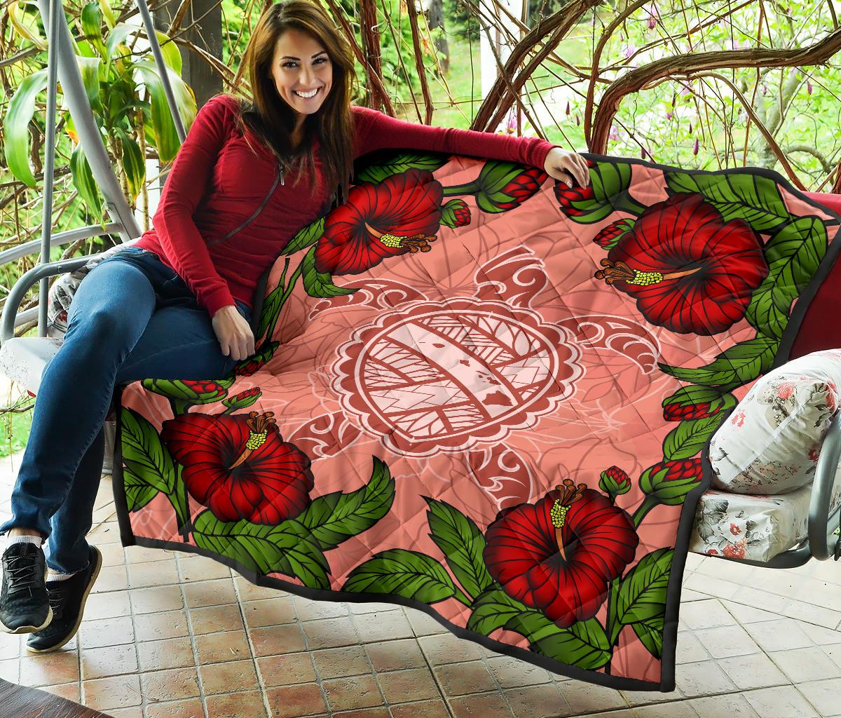 Hawaii Turtle Hibiscus Pink Premium Quilt - Fide Style - Polynesian Pride