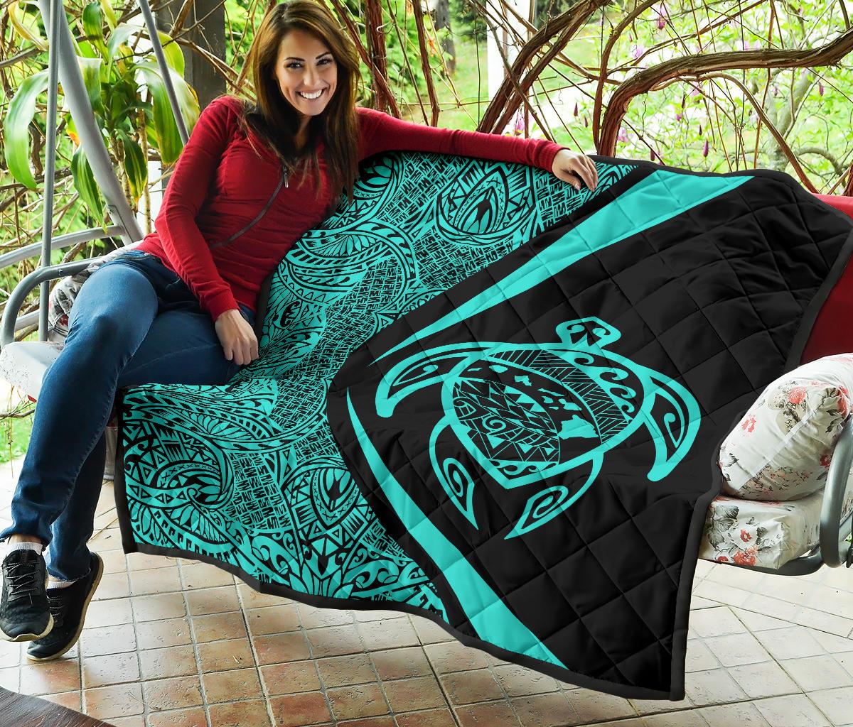 Hawaii Turtle Map Polynesian Premium Quilt - Turquoise - Circle Style - Polynesian Pride
