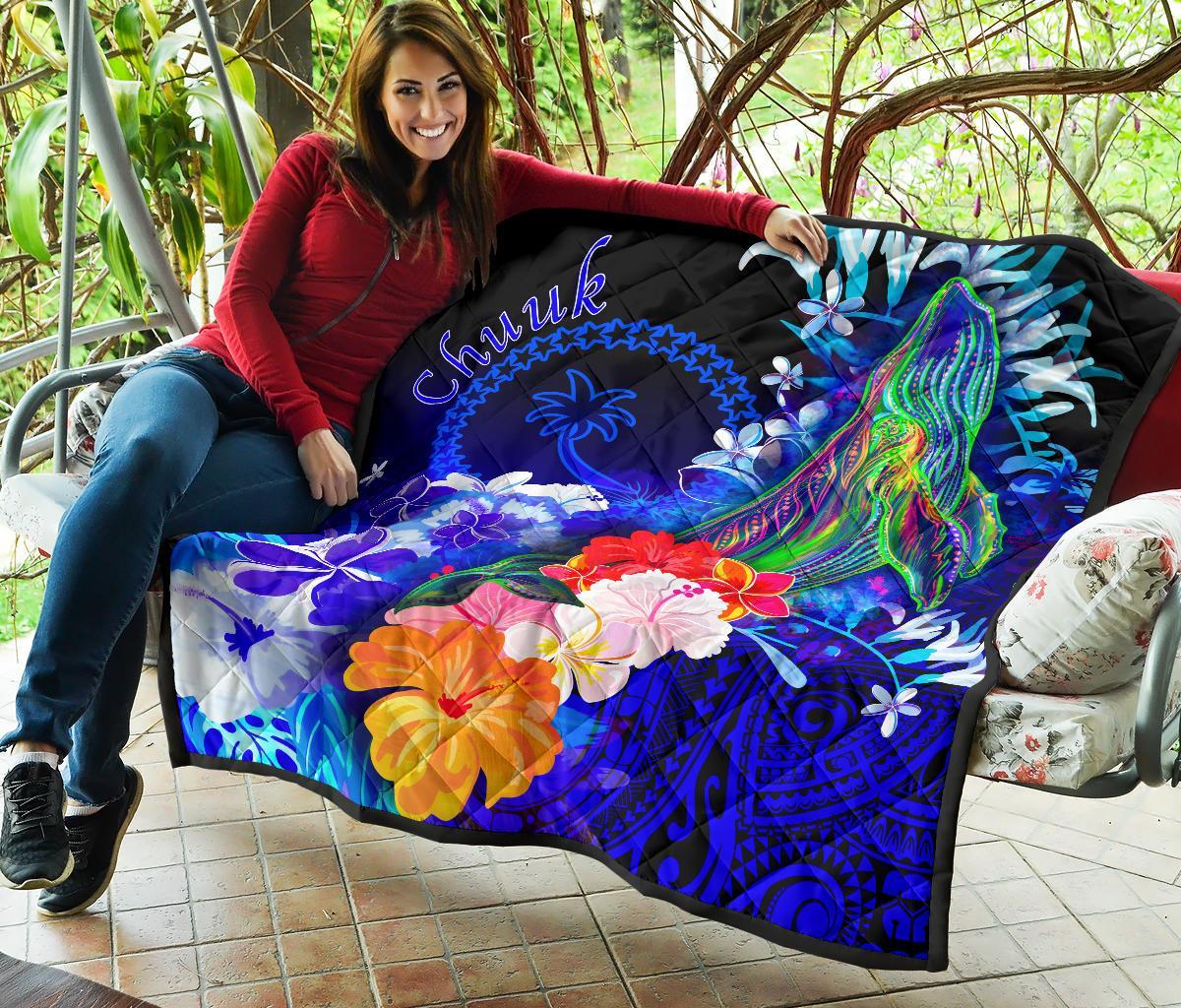 Chuuk Premium Quilt - Humpback Whale with Tropical Flowers (Blue) - Polynesian Pride